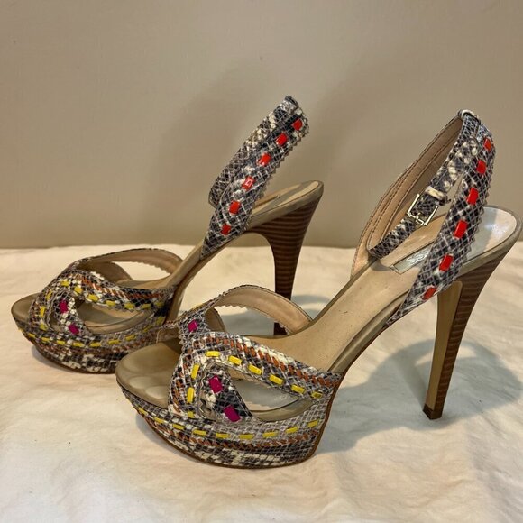 Guess Odonna 2 Platform Open Sandals Multi Ankle Strap Python Heels, Size 8M - Picture 9 of 15